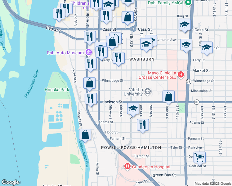 map of restaurants, bars, coffee shops, grocery stores, and more near 919 5th Avenue South in La Crosse