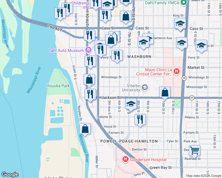 map of restaurants, bars, coffee shops, grocery stores, and more near 919 5th Avenue South in La Crosse