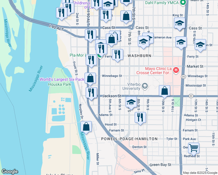 map of restaurants, bars, coffee shops, grocery stores, and more near 1023 4th Street South in La Crosse