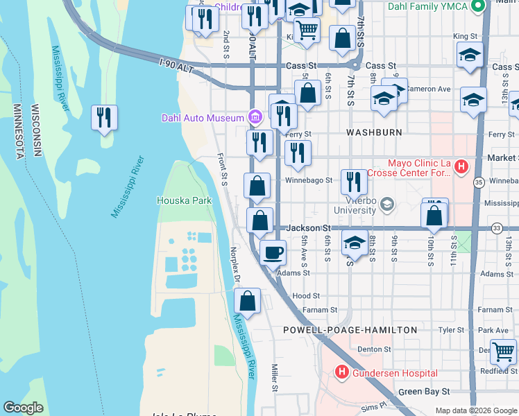 map of restaurants, bars, coffee shops, grocery stores, and more near 1001 3rd Street South in La Crosse