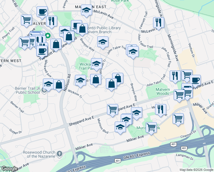 map of restaurants, bars, coffee shops, grocery stores, and more near 63 Burkwood Crescent in Toronto