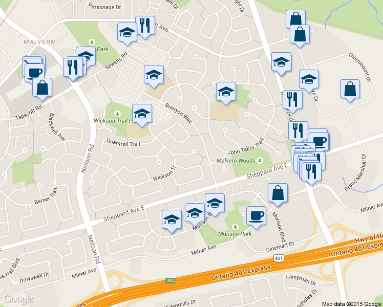 map of restaurants, bars, coffee shops, grocery stores, and more near 35 Tillbrook Court in Toronto