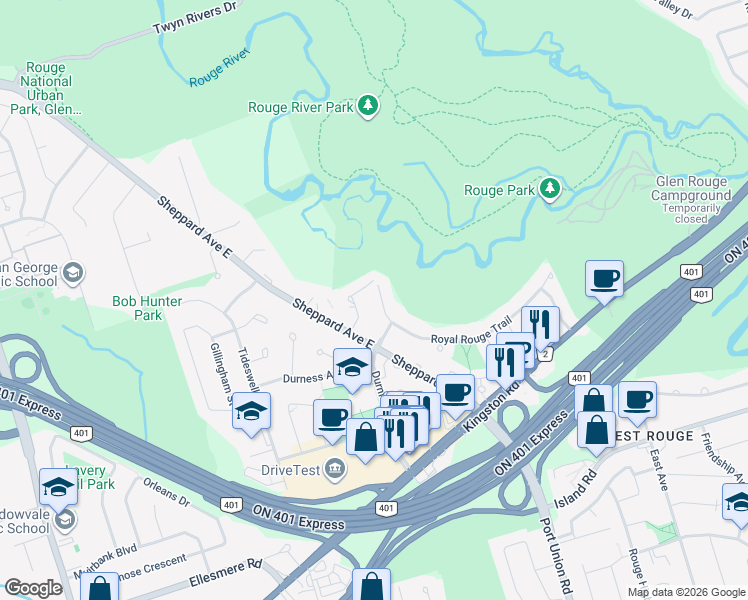 map of restaurants, bars, coffee shops, grocery stores, and more near in Toronto