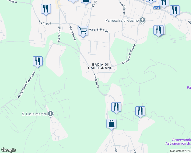 map of restaurants, bars, coffee shops, grocery stores, and more near 80 Via di Vorno in Capannori