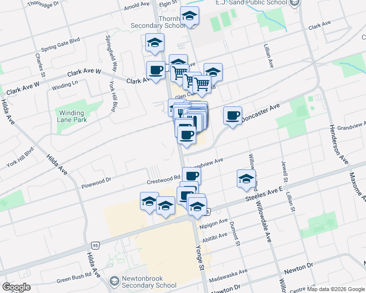 map of restaurants, bars, coffee shops, grocery stores, and more near 7161 Yonge Street in Markham