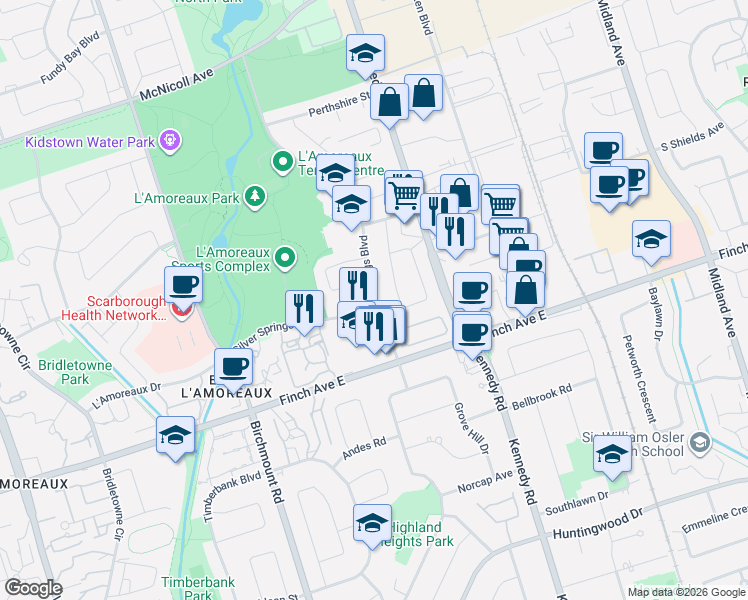 map of restaurants, bars, coffee shops, grocery stores, and more near 67 Wayside Avenue in Toronto