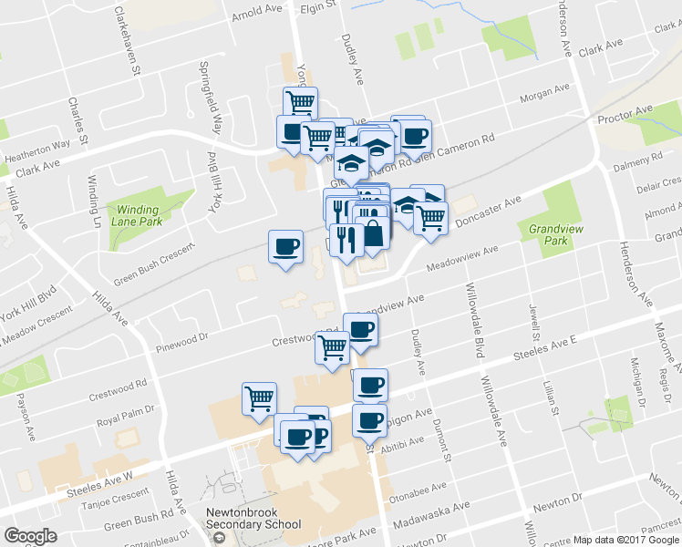 map of restaurants, bars, coffee shops, grocery stores, and more near 7171 Yonge Street in Markham