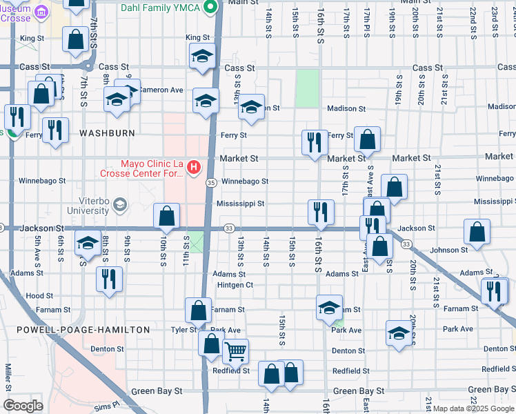 map of restaurants, bars, coffee shops, grocery stores, and more near 816 14th Street South in La Crosse