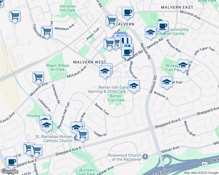 map of restaurants, bars, coffee shops, grocery stores, and more near 49 Nahanni Terrace in Toronto