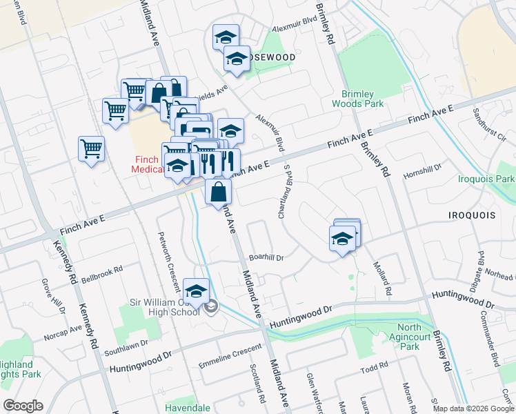 map of restaurants, bars, coffee shops, grocery stores, and more near Knockbolt Crescent in Toronto