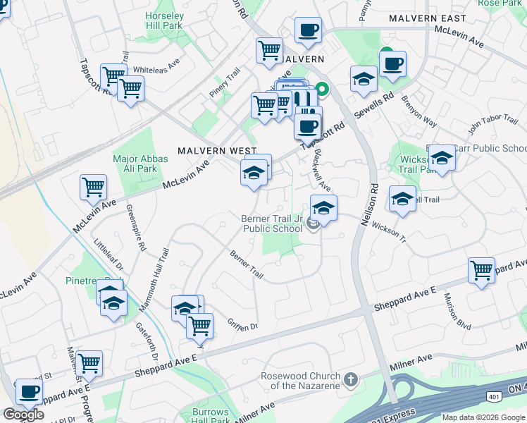 map of restaurants, bars, coffee shops, grocery stores, and more near 51 Nahanni Terrace in Toronto
