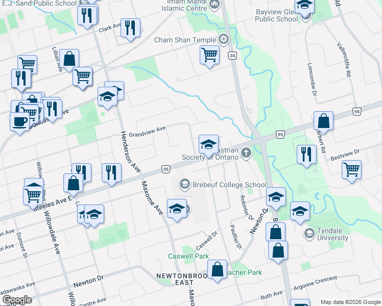 map of restaurants, bars, coffee shops, grocery stores, and more near 219 Grandview Avenue in Markham