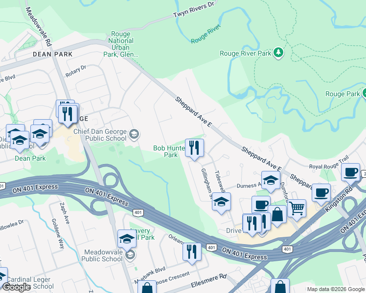 map of restaurants, bars, coffee shops, grocery stores, and more near 141 Tideswell Boulevard in Toronto