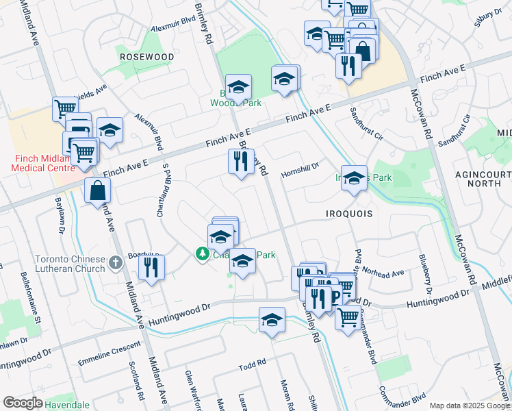 map of restaurants, bars, coffee shops, grocery stores, and more near 18 Leeswood Crescent in Toronto