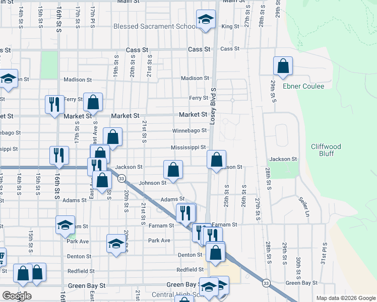 map of restaurants, bars, coffee shops, grocery stores, and more near 2311 Mississippi Street in La Crosse