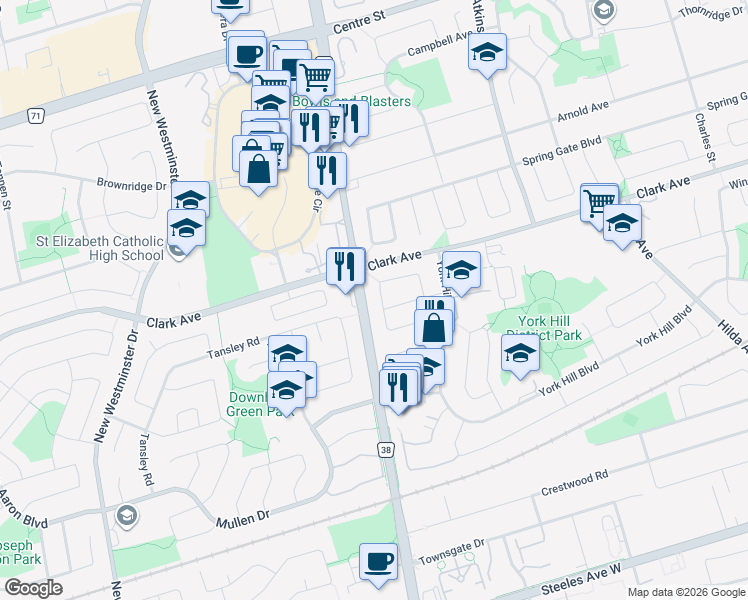map of restaurants, bars, coffee shops, grocery stores, and more near 107 Gailcrest Circle in Vaughan