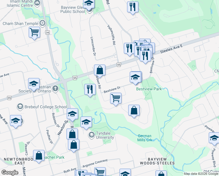 map of restaurants, bars, coffee shops, grocery stores, and more near 58 Bestview Drive in Toronto