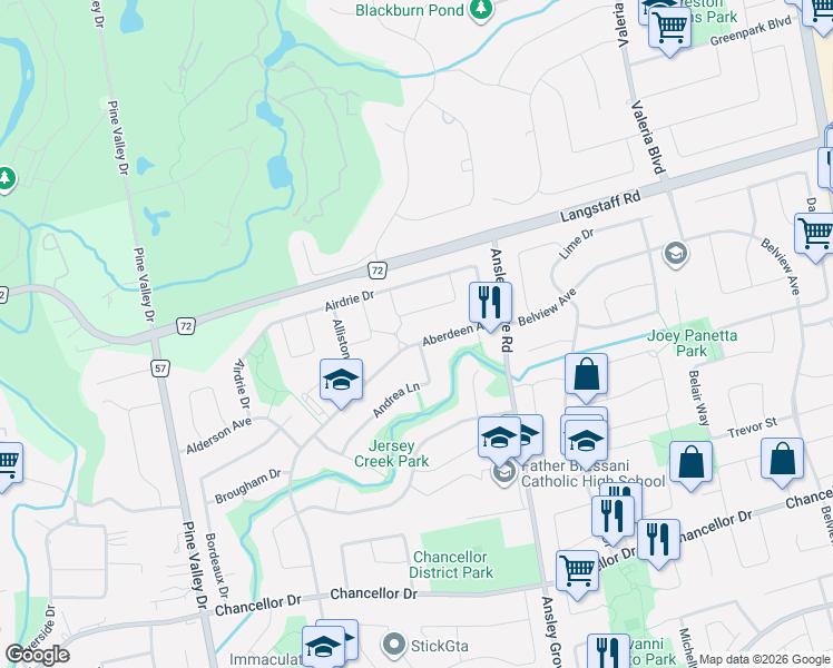 map of restaurants, bars, coffee shops, grocery stores, and more near 92 Aberdeen Avenue in Vaughan