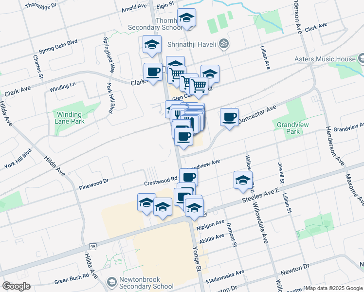 map of restaurants, bars, coffee shops, grocery stores, and more near 7163 Yonge Street in Markham