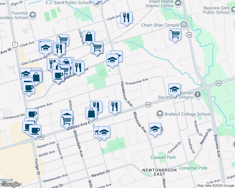 map of restaurants, bars, coffee shops, grocery stores, and more near 151 Highland Park Boulevard in Markham
