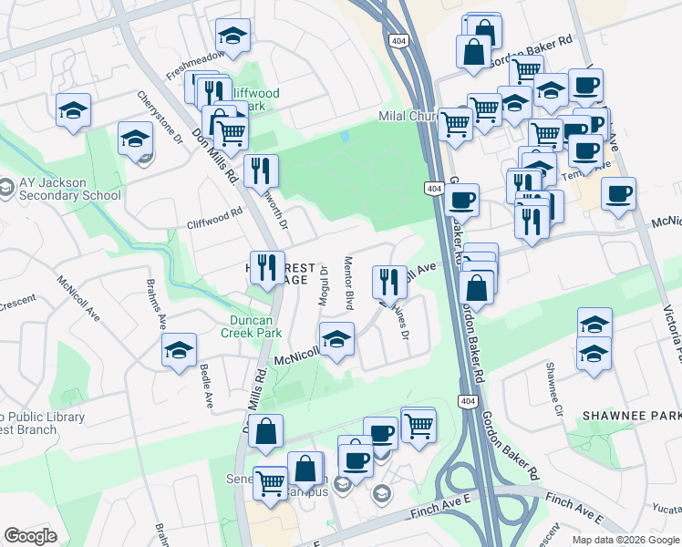 map of restaurants, bars, coffee shops, grocery stores, and more near 62 Mentor Boulevard in Toronto