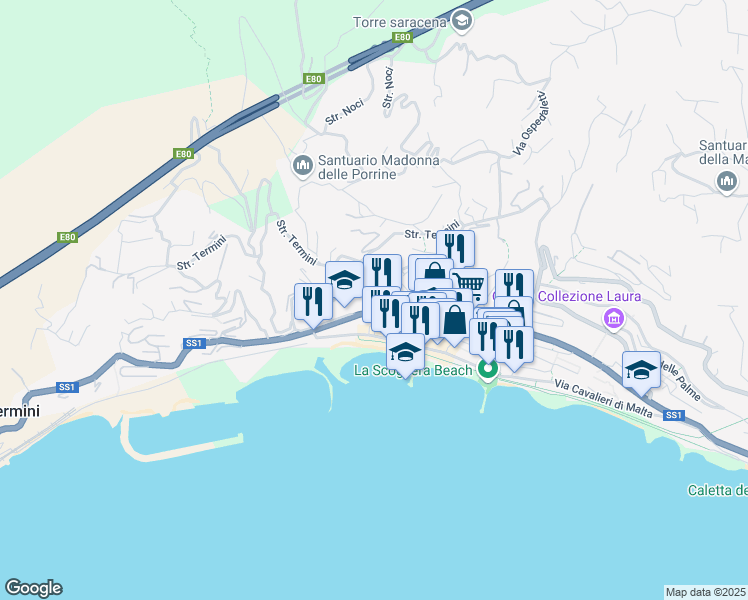 map of restaurants, bars, coffee shops, grocery stores, and more near 42-46 Corso Marconi in Ospedaletti