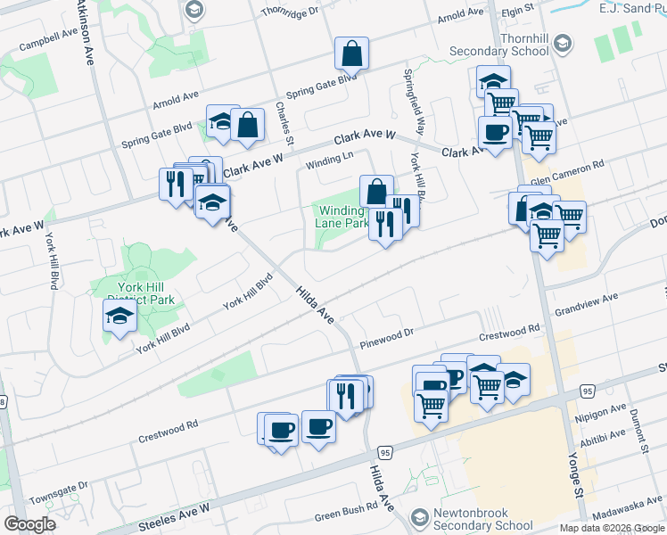 map of restaurants, bars, coffee shops, grocery stores, and more near 76 Green Bush Crescent in Vaughan