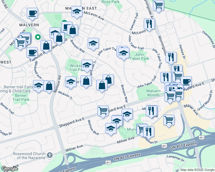map of restaurants, bars, coffee shops, grocery stores, and more near 47 Tillbrook Court in Toronto