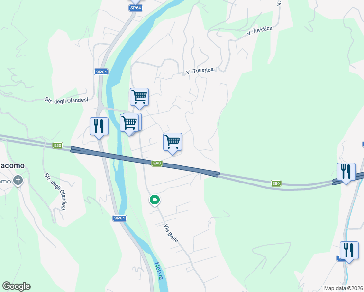map of restaurants, bars, coffee shops, grocery stores, and more near 35 Via Oberto D'oria in Camporosso