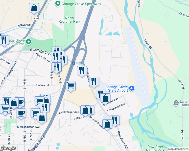 map of restaurants, bars, coffee shops, grocery stores, and more near 800 Row River Road in Cottage Grove