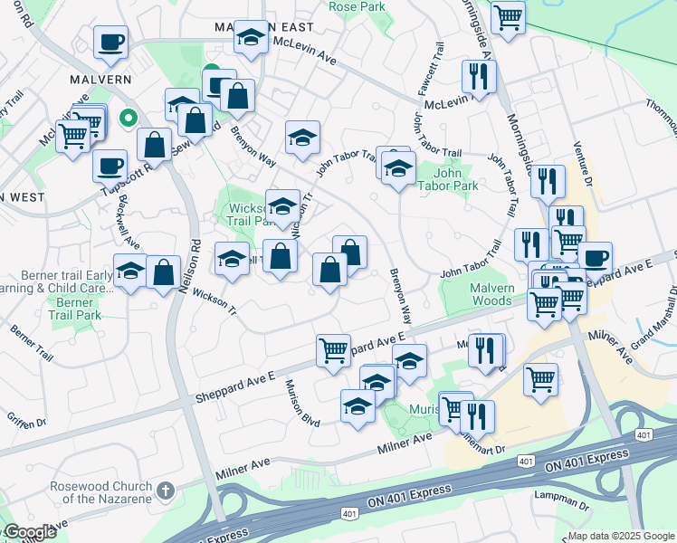 map of restaurants, bars, coffee shops, grocery stores, and more near in Toronto