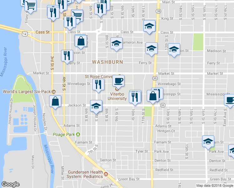 map of restaurants, bars, coffee shops, grocery stores, and more near 970 9th Street South in La Crosse