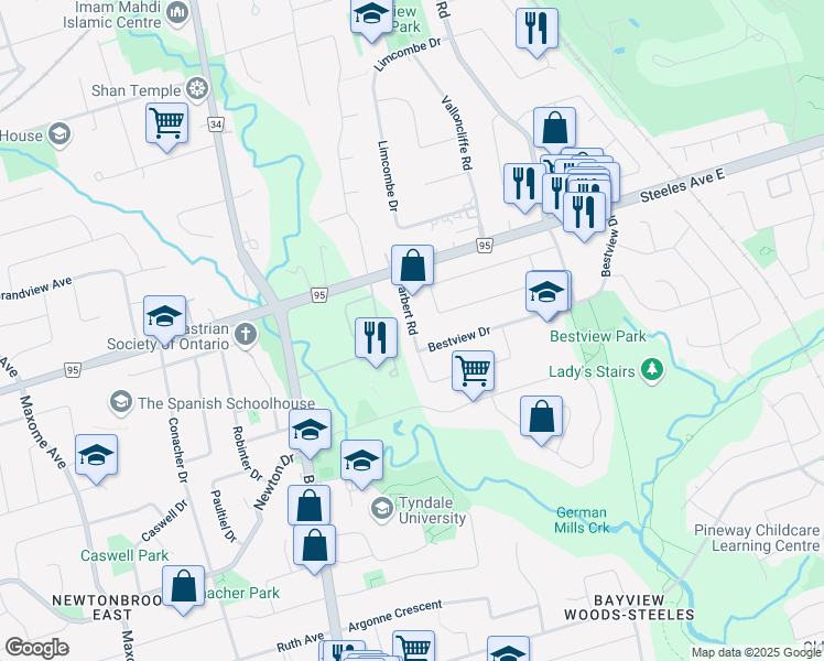 map of restaurants, bars, coffee shops, grocery stores, and more near Tarbert Road in Toronto