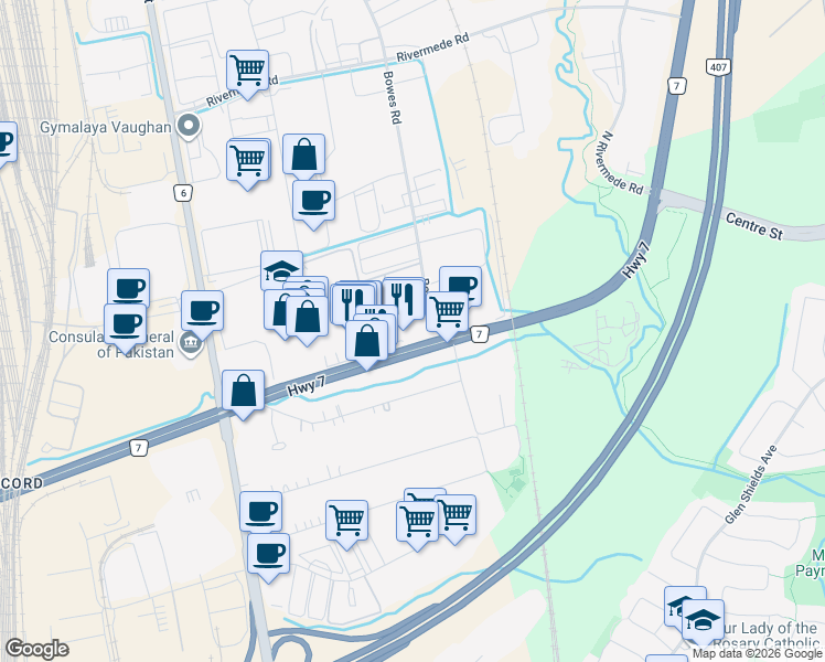 map of restaurants, bars, coffee shops, grocery stores, and more near 2008 Highway 7 in Vaughan