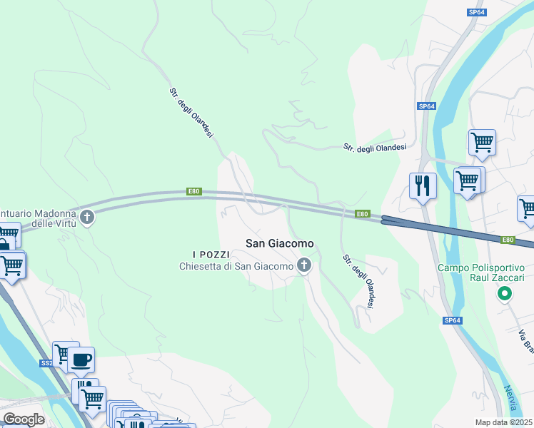 map of restaurants, bars, coffee shops, grocery stores, and more near 250 Strada degli Olandesi in Camporosso