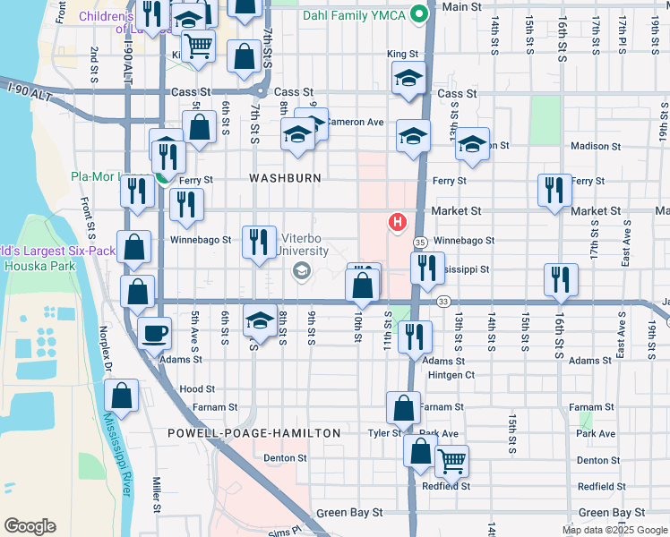 map of restaurants, bars, coffee shops, grocery stores, and more near 936 Franciscan Way in La Crosse