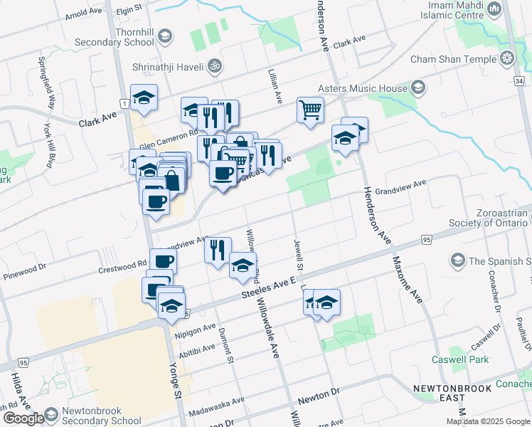 map of restaurants, bars, coffee shops, grocery stores, and more near 78 Grandview Avenue in Markham