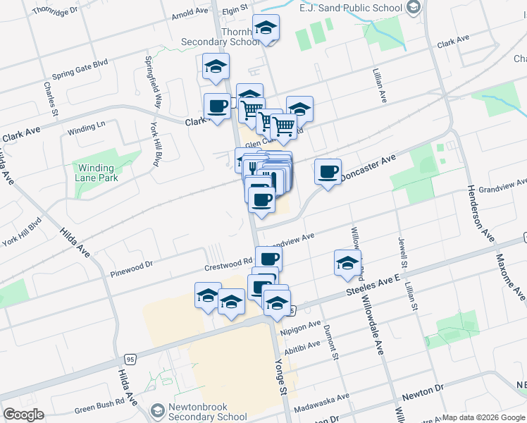 map of restaurants, bars, coffee shops, grocery stores, and more near 7161 Yonge Street in Markham