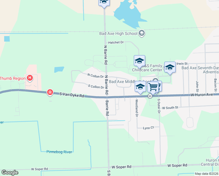 map of restaurants, bars, coffee shops, grocery stores, and more near 1008 South Collon Drive in Bad Axe