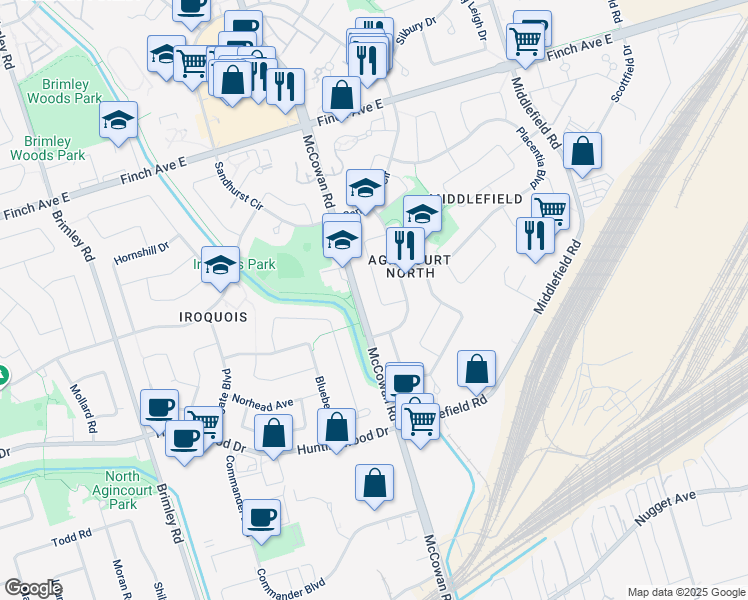map of restaurants, bars, coffee shops, grocery stores, and more near 29 Marrakesh Drive in Toronto