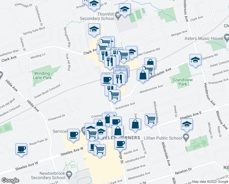 map of restaurants, bars, coffee shops, grocery stores, and more near 7165 Yonge Street in Richmond Hill
