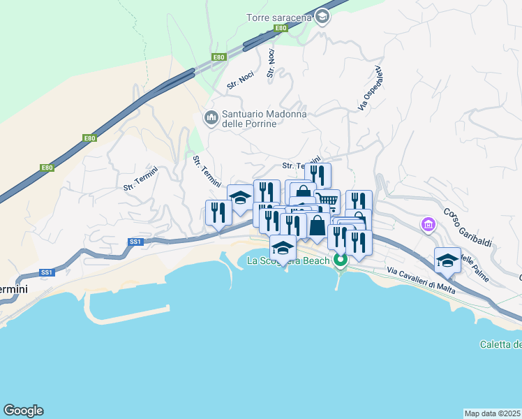 map of restaurants, bars, coffee shops, grocery stores, and more near 42-46 Corso Marconi in Ospedaletti