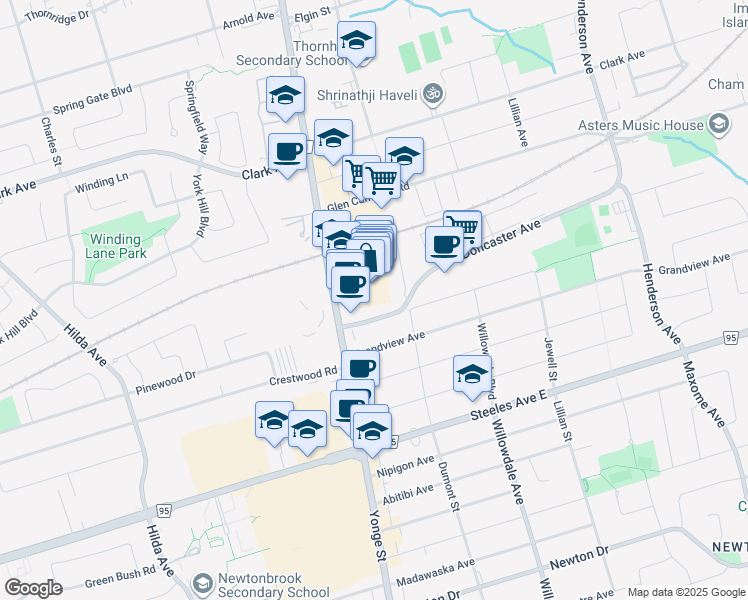 map of restaurants, bars, coffee shops, grocery stores, and more near 7165 Yonge Street in Markham