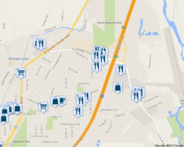 map of restaurants, bars, coffee shops, grocery stores, and more near 1025 North 19th Street in Cottage Grove