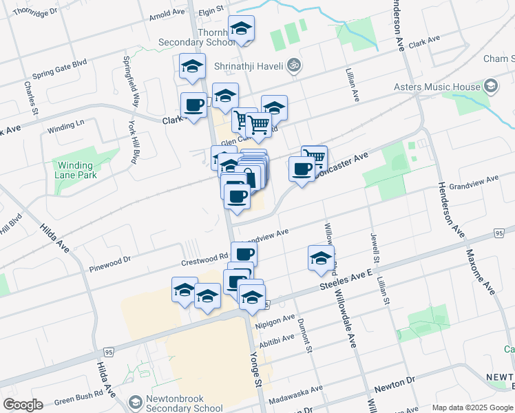 map of restaurants, bars, coffee shops, grocery stores, and more near 7181 Yonge Street in Markham