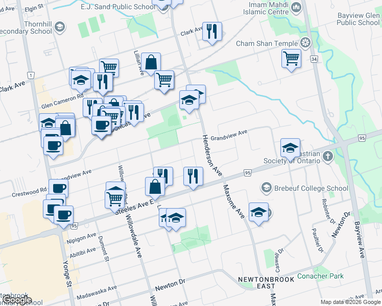 map of restaurants, bars, coffee shops, grocery stores, and more near 157 Highland Park Boulevard in Markham