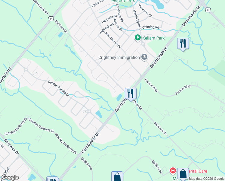 map of restaurants, bars, coffee shops, grocery stores, and more near 2 Autumn Olive Way in Brampton