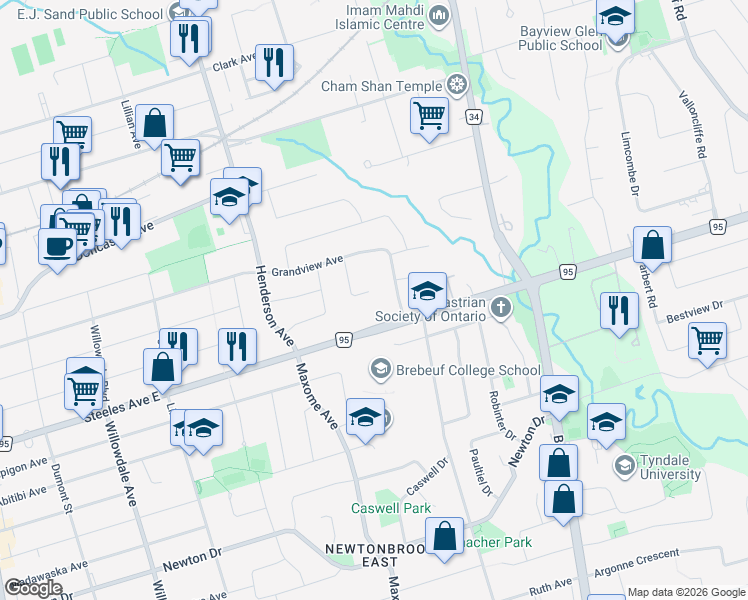 map of restaurants, bars, coffee shops, grocery stores, and more near 20 Rayneswood Crescent in Markham