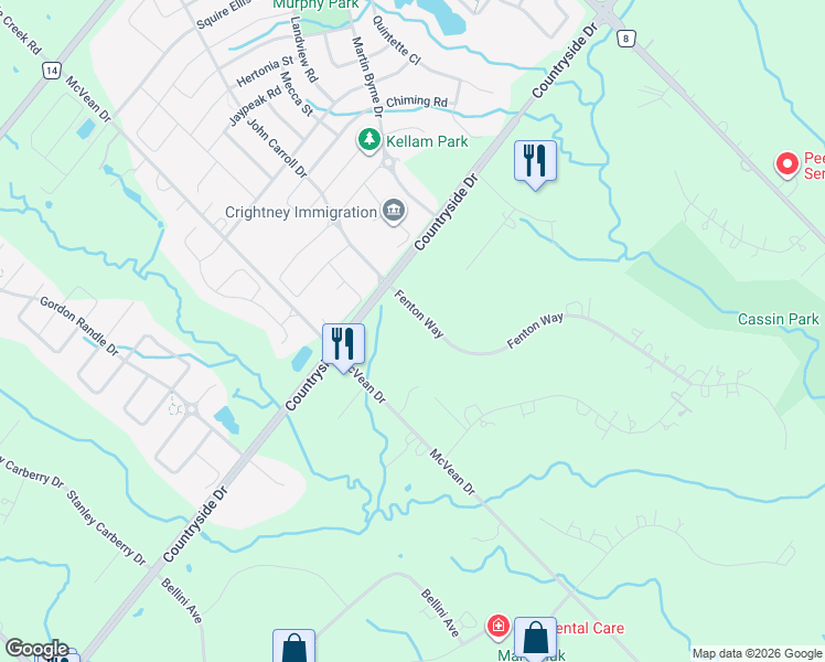 map of restaurants, bars, coffee shops, grocery stores, and more near 9 Fenton Way in Brampton