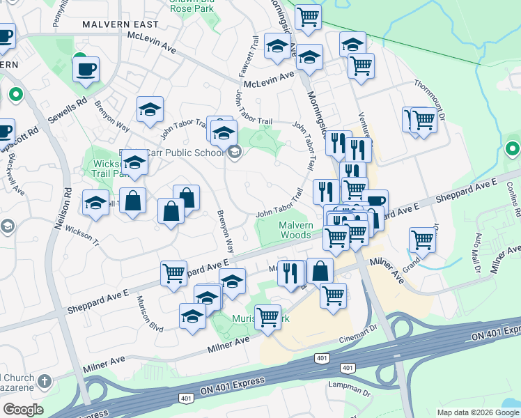 map of restaurants, bars, coffee shops, grocery stores, and more near 138 John Tabor Trail in Toronto